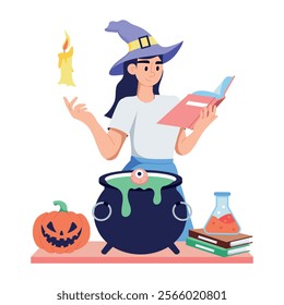 A flat illustration showing halloween witch magic 