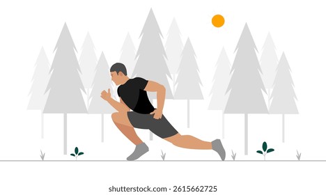 Flat illustration showing a man with medium skin tone trail running through a forest of stylized grey and white pine trees for sstk Wellness