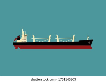 Ilustración plana que muestra la vista lateral del buque de carga en seco, contorno esquemático de la estructura del buque con colores rojo, negro, amarillo en fondo azul marino y verde