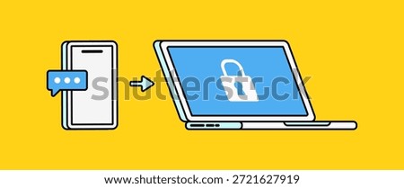 Flat illustration showing a smartphone sending a message to a laptop with a lock icon. Represents secure communication, data privacy, encryption, and safe digital transfer concepts vector hand drawn