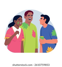 Flat illustration showing some characters enjoying holi celebration
