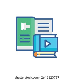 Flat illustration showing stacked books with learning concepts for education and technology. Two books with video and information icons.