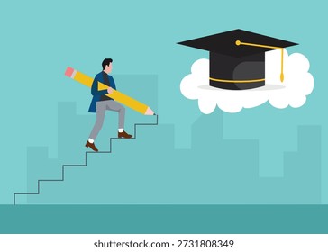 Flat illustration showing a student climbing steps with a pencil toward a graduation cap, symbolizing learning, growth, ambition, and academic achievement.