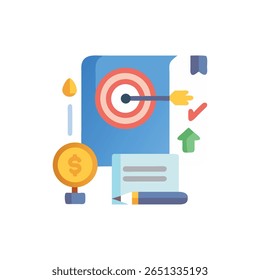 Flat illustration showing target with arrow checklists money and pencil for planning. Concept of financial goals and achievements.