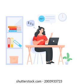 A flat illustration showing tired employee