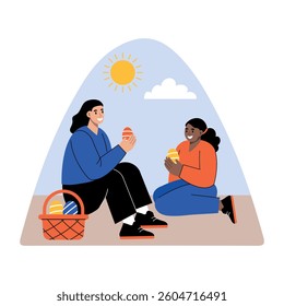 Flat illustration showing two character enjoying easter picnic 