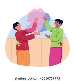 Flat illustration showing two characters celebrating holi festival