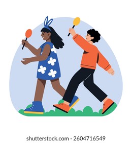 Flat illustration showing two children doing an easter parade 