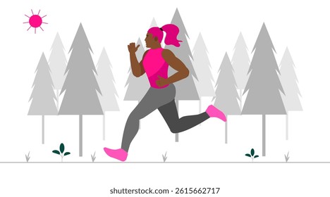 Flat illustration showing a woman with medium skin tone running through a stylized winter forest with grey and white pine trees and patches of snow. for sstk Wellness