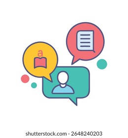 Flat illustration shows educational discussion icons, with book, document and person speech bubbles, colorful with a White Background.