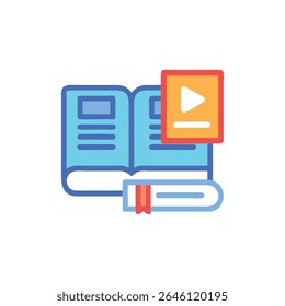 A flat illustration shows an open book with a video icon overlay representing online learning and education resources.