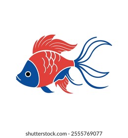 Flat illustration of a Siamese fighting fish with flowing fins, vibrant red and blue colors, compact body, minimalistic design, clean background