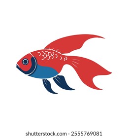 Flat illustration of a Siamese fighting fish with flowing fins, vibrant red and blue colors, compact body, minimalistic design, clean background