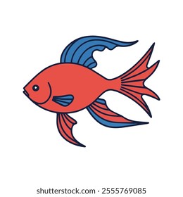 Flat illustration of a Siamese fighting fish with flowing fins, vibrant red and blue colors, compact body, minimalistic design, clean background