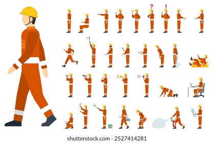 Flat illustration: side view of a worker in orange work clothes set