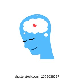 flat illustration silhouette of a human head with a heart symbol inside. mindfulness, emotional balance, self love, and mental well being. for wellness campaigns and mental health awareness projects