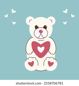 A flat illustration of a simple cute teddy bear with hearts. Festive drawing for postcards, stickers, greetings.