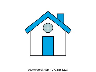Flat illustration of a simple house with a blue roof and chimney on a white background