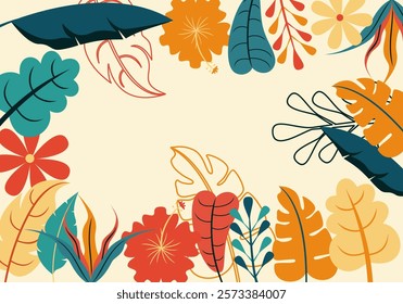 Flat illustration of simple leaves with Tropical Flower Frame
