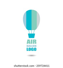 Flat illustration of simple striped hot air balloon with text and shadow. Element for design. Logo with scuba blue, aquamarine,  lucite green, white and classic blue colors.