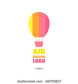 Flat illustration of simple striped hot air balloon with text and shadow. Element for design. Logo with yellow, orange,pink, white colors.