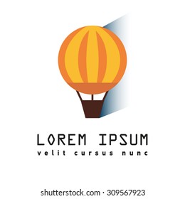 Flat illustration of simple striped hot air balloon with text and shadow. Element for design. Logo with yellow, orange, white colors.