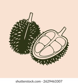 Flat illustration sketch of Durian fruit, showcasing the tropical fruit's unique shape and spiky exterior. Perfect for food, travel, and Southeast Asian-themed designs.
