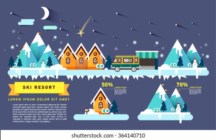 Flat illustration ski resort in mountain. Winter time. Snow mountains, country hotel in forest area, transfer bus. Ski resort infographics