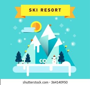 Flat illustration ski resort in mountain. Winter time. Snow mountains, country hotel in forest area, transfer bus.