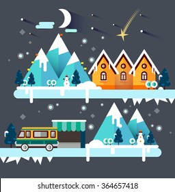 Flat illustration ski resort in mountain. Winter time. Snow mountains, country hotel in forest area, transfer bus.