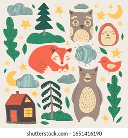 Flat illustration of a sleepy forest with an owl, a bear, a hedgehog, a fox, a moon, stars, trees and a house.  Ideal for print, kids wear, clothing, linen, bedding, card, sticker, poster, packaging