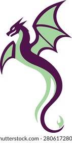 Flat illustration of a slender purple dragon with mint underbody large bat wings and a long curling tail