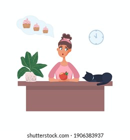 Una ilustración plana de una joven delgada que está constantemente a dieta pero soñando con dulces. Cartel, afiche, folleto para proyectos de estilo de vida saludable, artículos, blogs, sitios web. Vector, EPS 10