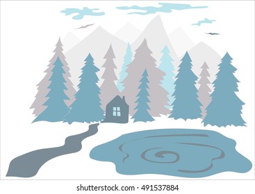 Flat illustration of a small house in the forest near the lake
