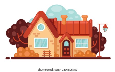 flat illustration of a small house with trees lantern and bench on the background of clouds