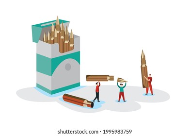 flat illustration small people holding bullets coming out of cigarette packs Visual metaphors harmful cigarette like a bullet