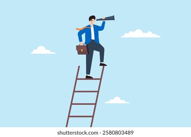 Flat illustration of smart businessman climb ladder and look through telescope symbolizing visionary leadership for success