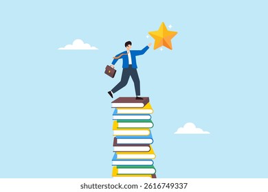 Flat illustration of smart businessman climb stack of books and reach star learning career success study knowledge education for business