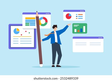 Flache Illustration intelligenter Geschäftsmann hält Bleistift beim Verwalten mehrerer Projekt-Dashboards für Entwicklungsplan-Strategie