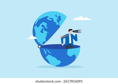 Flat illustration of smart businessman open globe using binoculars searching future international business opportunities world economic vision