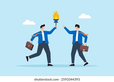 Flat illustration smart businessman passes torch to successor symbolizing leadership transition