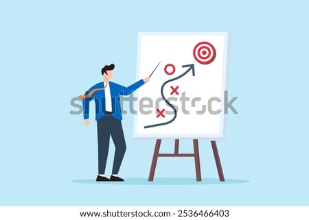 Flat illustration of smart businessman presenting business strategy on whiteboard marketing tactics project planning achieve target success winning