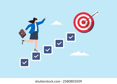 Flat illustration of smart businesswoman walk up checklist staircase to achieve bullseye target symbolizing personal development for career success