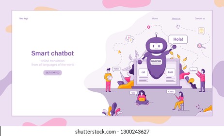 Flat Illustration Smart Chatbot Welcomes Customer. Technical Online Service Support. Chat with Customer Help Service. Group People Uses Laptop to Communicate with Company. Robot Located on Monitor