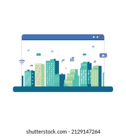 flat illustration of smart city building vector, skyscraper connect cityscape in web browser design concept 