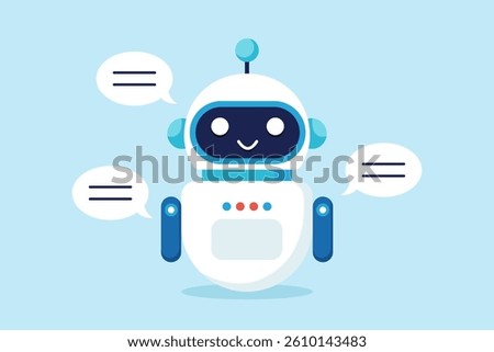 Flat illustration of smart robot chatbot speak with speech bubble symbolizing AI driven customer service