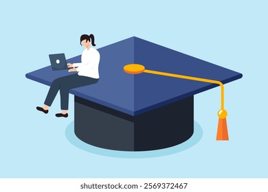 Flat illustration of smart woman study with laptop on graduation cap symbolizing academic achievement and learning