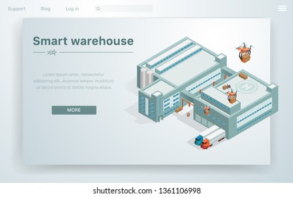 Flat Illustration Smart Wsrehouse at Huge Building. Work Whole Plant is Automated as Possible. Drones Deliver Parcels. Taking them from Robot that takes them to Roof. Process Automation in Factory.