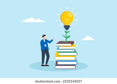 Flat illustration of smart young man with book stack and light bulb plant represents knowledge and creativity for success