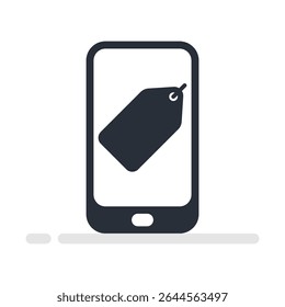 Illustration à plat d'un smartphone avec une icône de balise de prix, idéale pour représenter des achats mobiles, des magasins virtuels ou des applications à prix réduit.